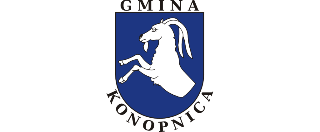 Herb gminy Konopnica, biały pół kozioł na granatowym tle