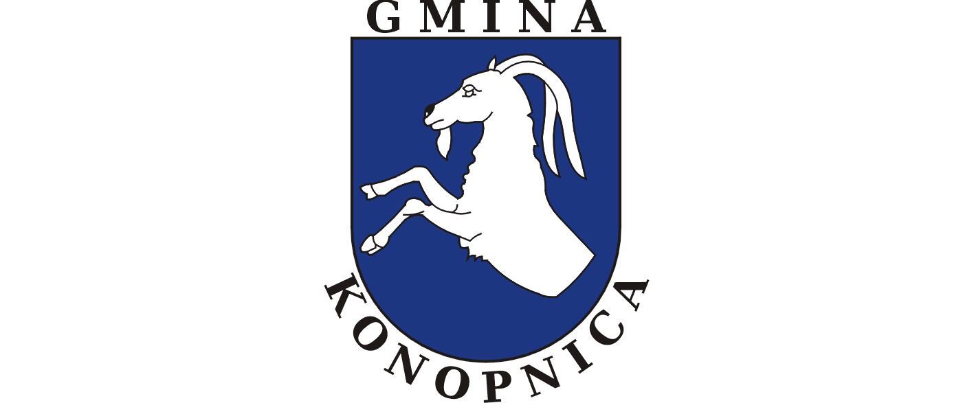 Herb gminy Konopnica, biały pół kozioł na granatowym tle