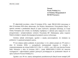 Obrazek wyróżniający Odpowiedź Wójta Gminy Konopnica na pismo Poczty Polskiej w sprawie przekazania danych spisu wyborców.