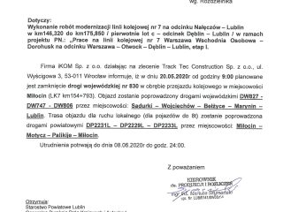 Miniaturka: Planowane zamknięcie drogi wojewódzkiej nr 830 w obrębie przejazdu kolejowego w Miłocinie