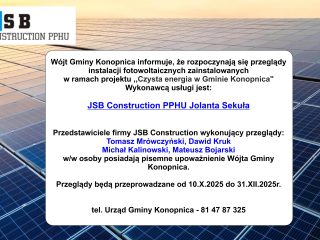 Obrazek wyróżniający Wójt Gminy Konopnica informuje, że rozpoczynają się przeglądy instalacji fotowoltaicznych zainstalowanych w ramach projektu „Czysta energia w Gminie Konopnica”