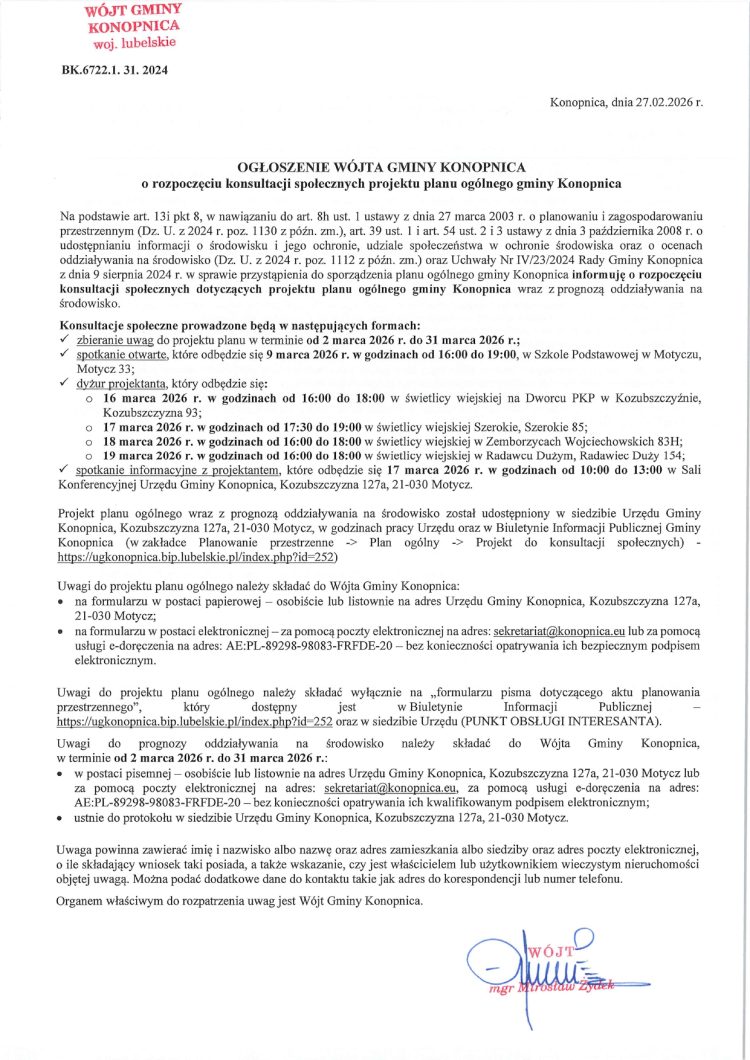 Miniaturka: OGŁOSZENIE WÓJTA GMINY KONOPNICA o rozpoczęciu konsultacji społecznych projektu planu ogólnego gminy Konopnica