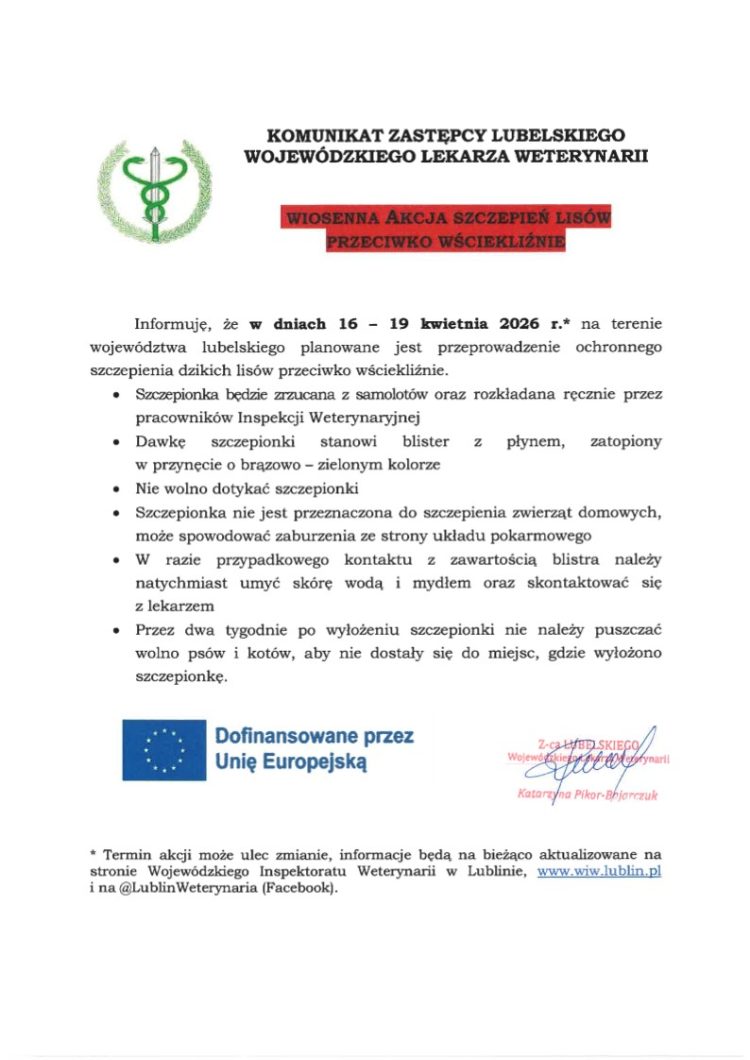 Miniaturka: WIOSENNA AKCJA SZCZEPIENIA LISÓW PRZECIWKO WŚCIEKLIŹNIE